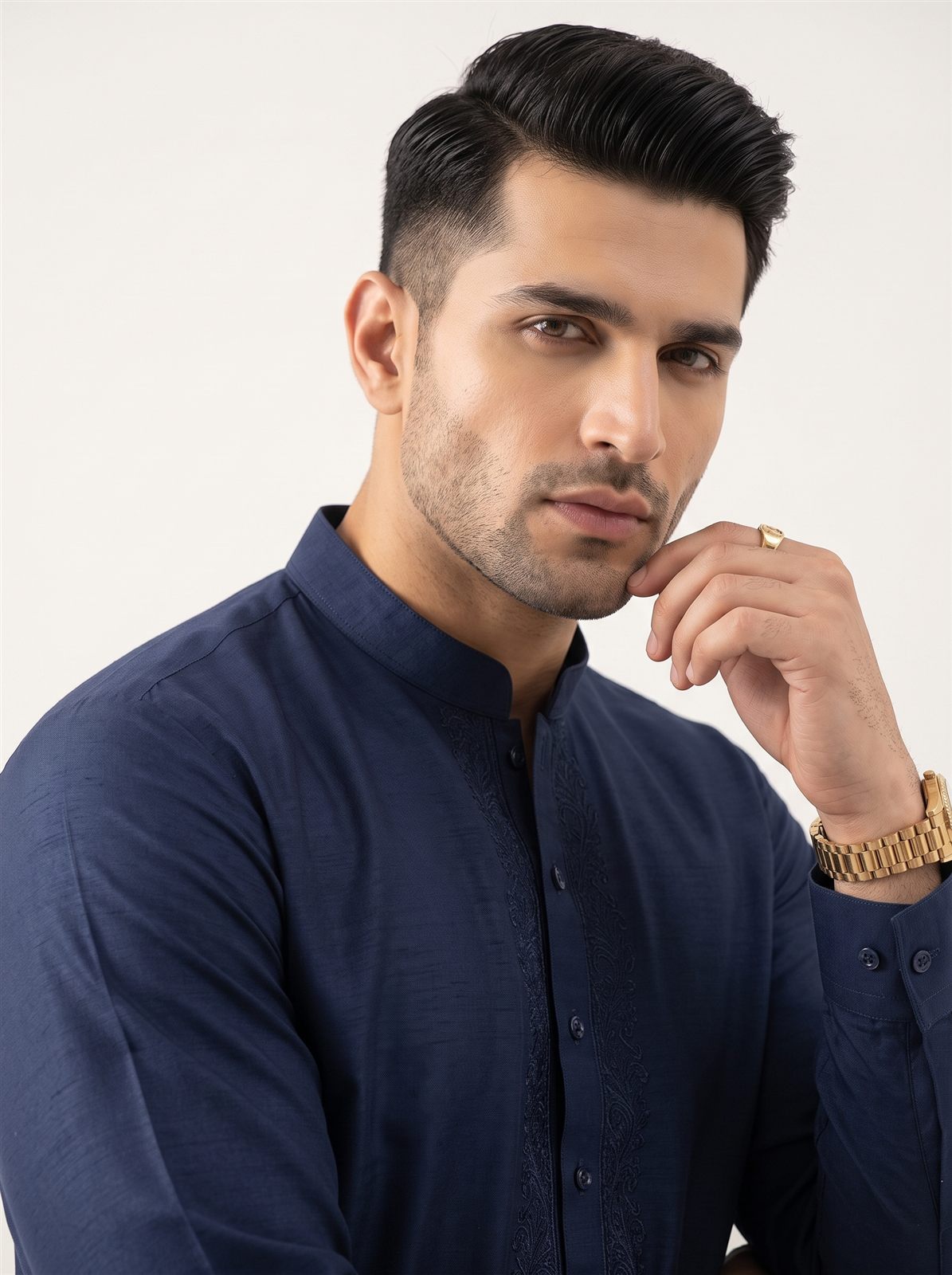 Look 1, indigo raw silk